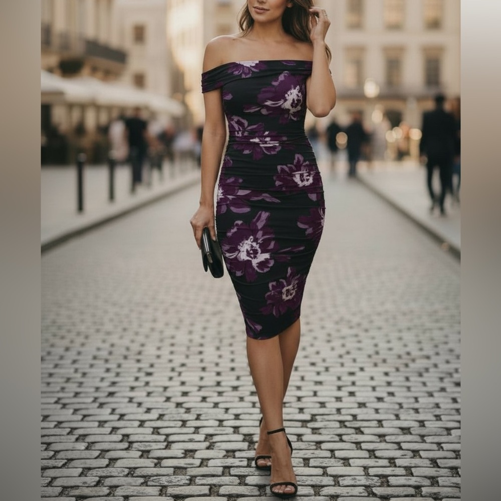 Premier Amour Off-the-shoulder short sleeve midi sheath dress Size 4